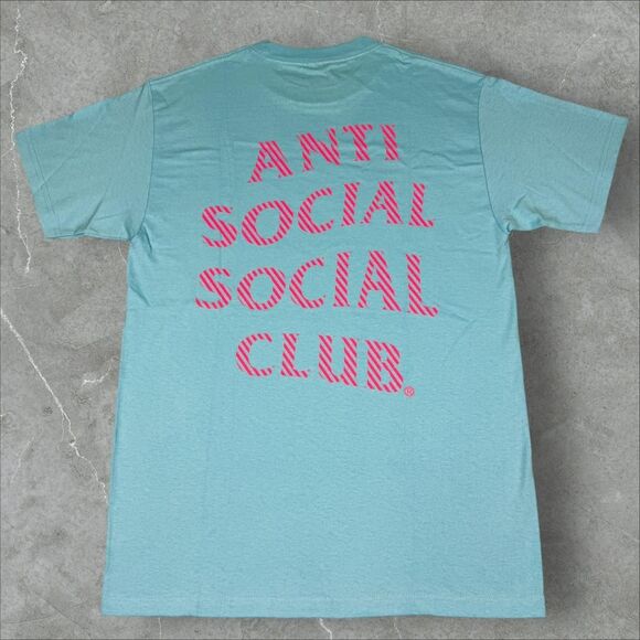 Anti Social Social Club Light Blue Pink Striped Trippy Logo Optical Illusion - M - Picture 1 of 7